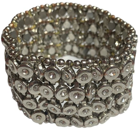 Silver Diamond Crystal Round Disc Elastic Stretch 4 Row Bracelet - Picture 1 of 1